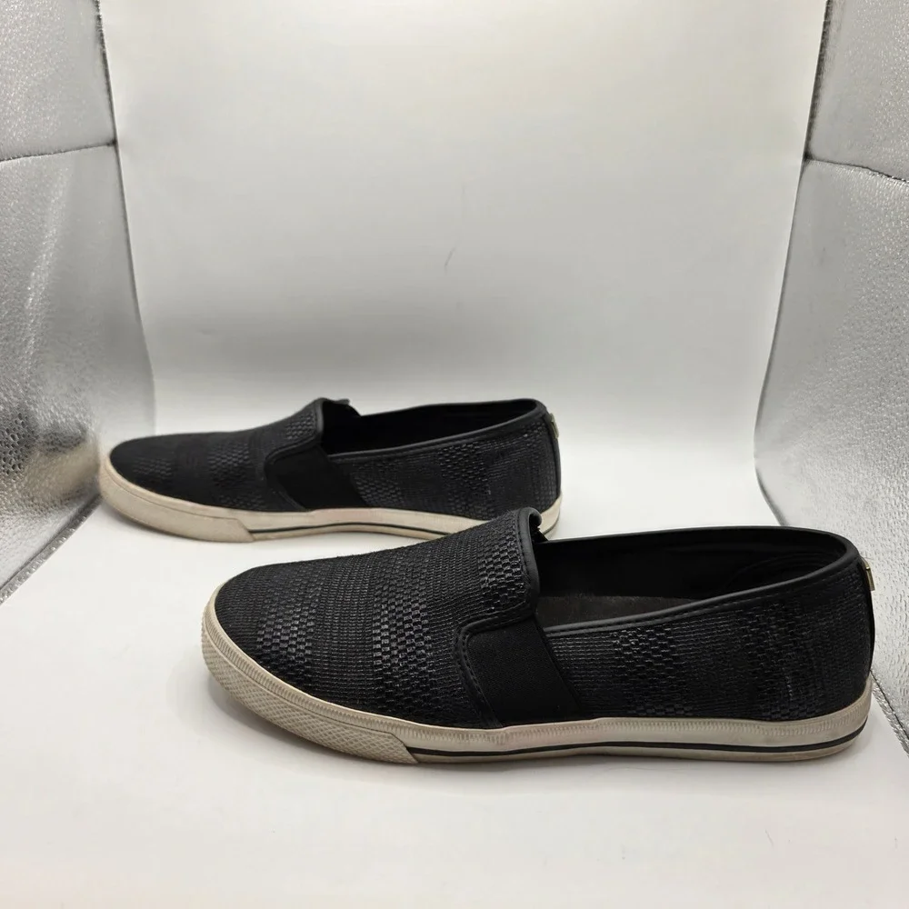Lauren Ralph Lauren Jinny Black Woven Slip On Sneakers Womens 9B Gold Logo Flat